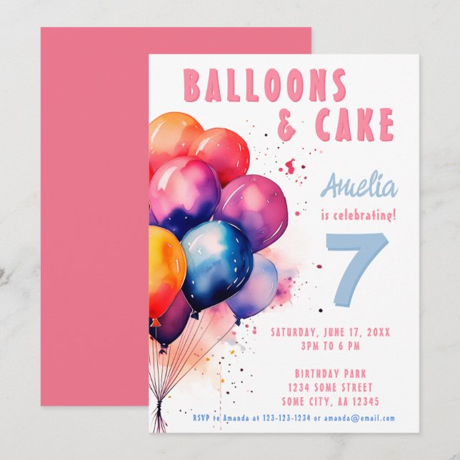 Farbenfrohe Balloons Aquarellfarben Kindergeburtst Einladung (Vorne/Hinten)