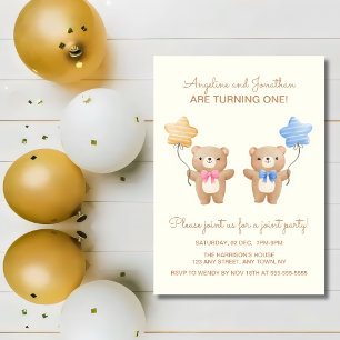 Farbenfrohe Balloons Bear Twin Gemeinsamer Geburts Einladung