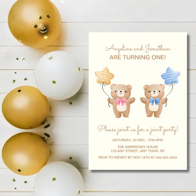 Farbenfrohe Balloons Bear Twin Gemeinsamer Geburts Einladung (Von Creator hochgeladen)