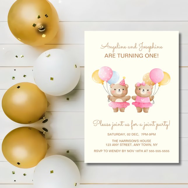 Farbenfrohe Balloons Bear Twin Girls Gemeinsamer G Einladung (Von Creator hochgeladen)