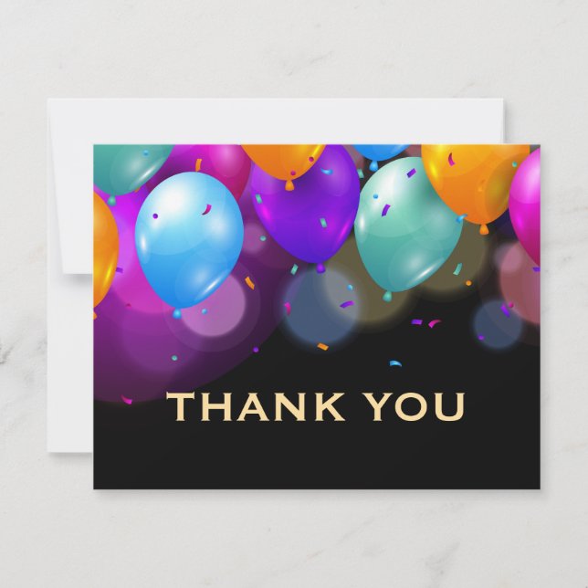 Farbenfrohe Balloons Black and Gold Confetti Dankeskarte (Vorderseite)