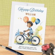 Farbenfrohe Balloons Junge auf dem Fahrrad glückli