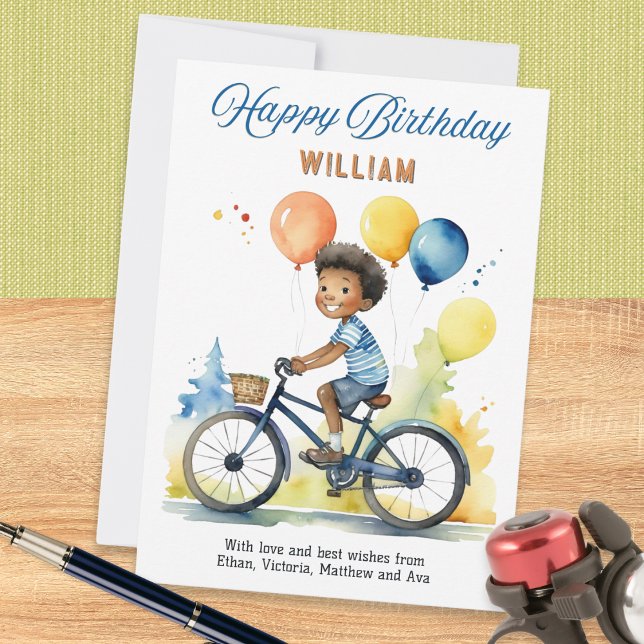 Farbenfrohe Balloons Junge auf dem Fahrrad glückli Karte (A personalized birthday card with picture of a boy on a bicycle with balloons)