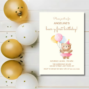Farbenfrohe Balloons Niedlich Bärenmädchen Geburts Einladung