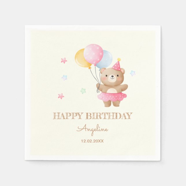 Farbenfrohe Balloons Niedlich Bärenmädchen Geburts Serviette (Vorderseite)