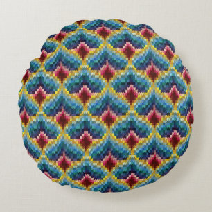 Farbenfrohe Bargello Stickerei Boho Chic Muster Rundes Kissen