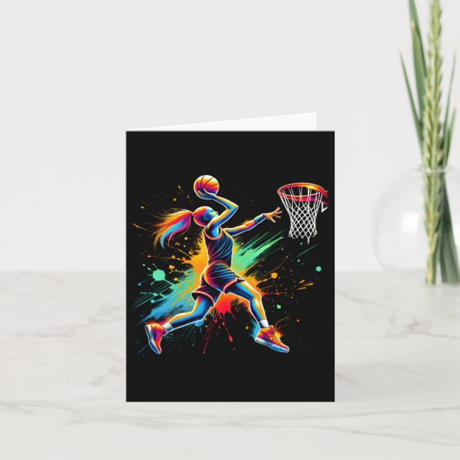 Farbenfrohe Basketballspielermädchen Karte (Vorderseite)