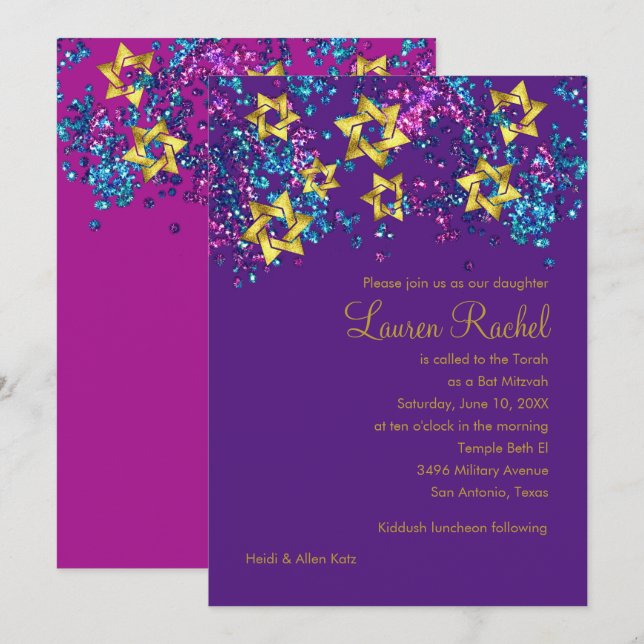 Farbenfrohe Bat Mitzvah Gold Star Glittery Confett Einladung (Vorne/Hinten)