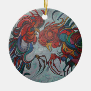 Farbenfrohe Bauernhofrooster Keramik Ornament