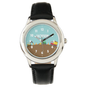 Farbenfrohe Baufahrzeuge Kinder beobachten Armbanduhr