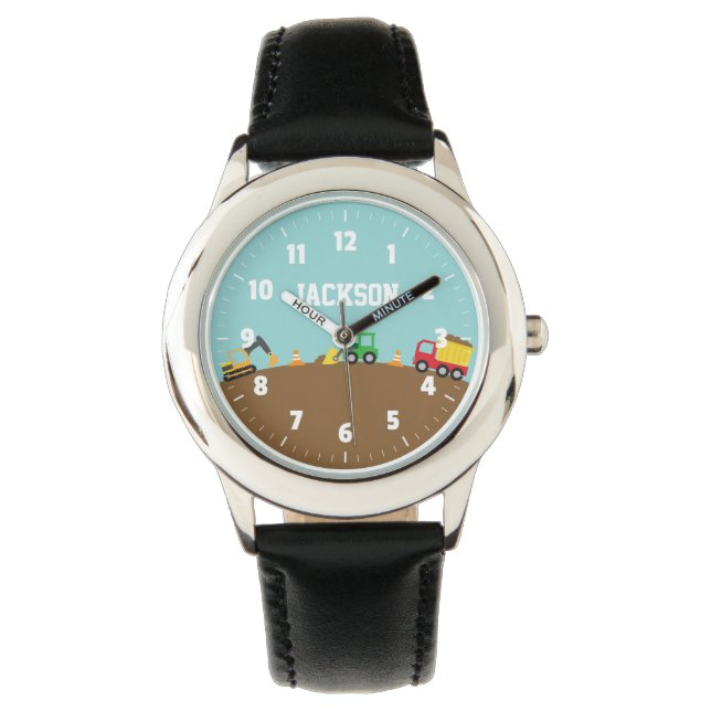 Farbenfrohe Baufahrzeuge Kinder beobachten Armbanduhr (Vorderseite)