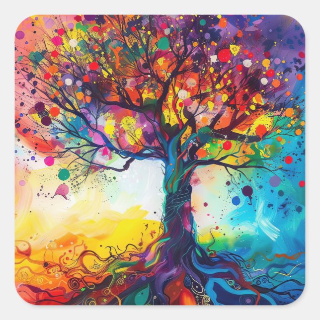 Farbenfrohe Bäume Regenbogen Ruhe Natur Kunst Quadratischer Aufkleber (Vorderseite)