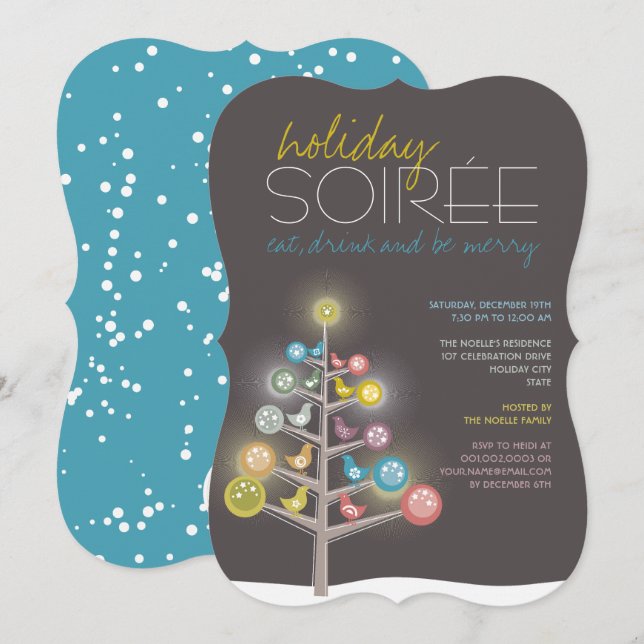 Farbenfrohe Bäume & Vögel Holiday Soiree Party Ein Einladung (Vorne/Hinten)