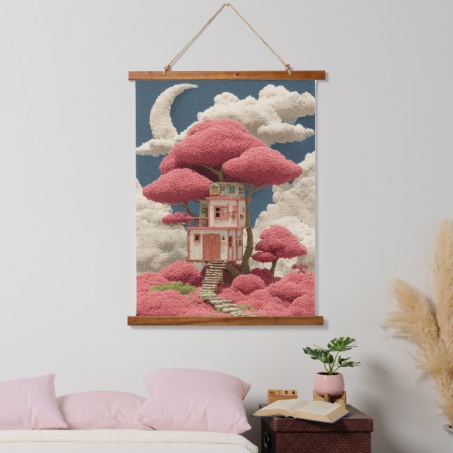 Farbenfrohe Baumhausgestaltung Wandteppich Mit Holzrahmen (Schlafzimmer)