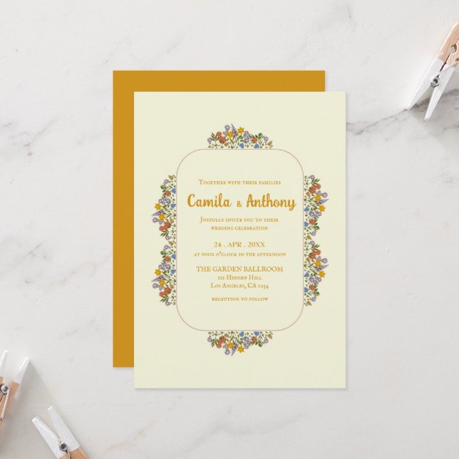 Farbenfrohe Beige Wildblume Border Wedding Einladung (Vorderseite/Rückseite Beispiel)
