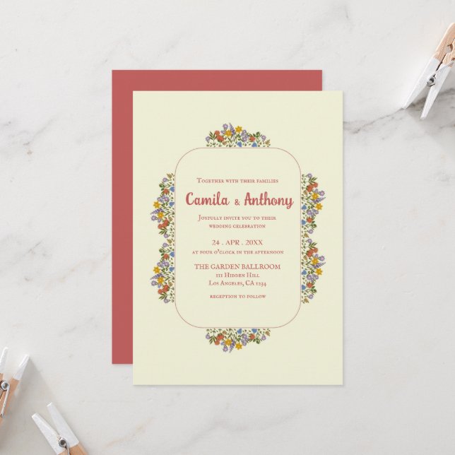Farbenfrohe Beige Wildblume Border Wedding Einladung (Vorderseite/Rückseite Beispiel)