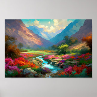 Farbenfrohe Berge, blaue Himmel, Blume und Fluss Poster