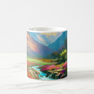 Farbenfrohe Berglandschaft, Blume und River Poster Kaffeetasse