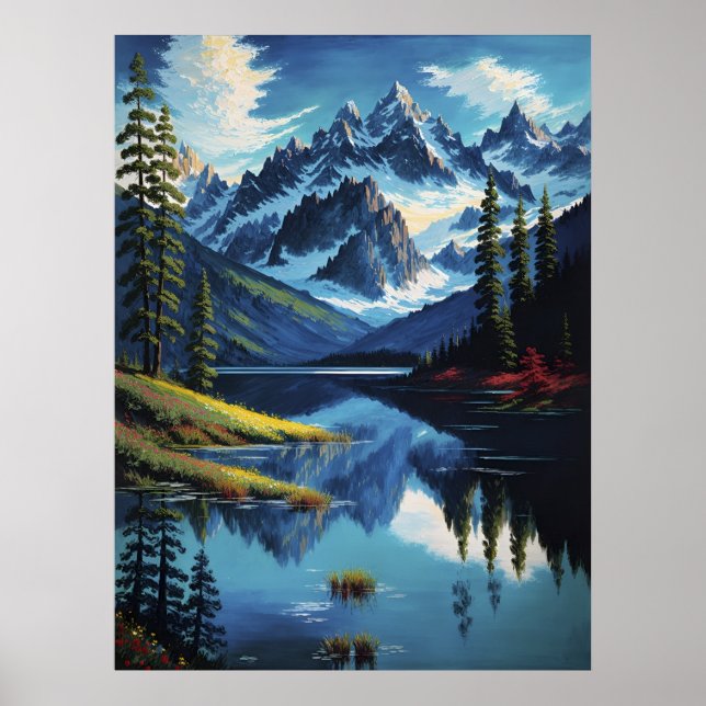 Farbenfrohe Bergsee Natur AI Paintin Poster (Vorne)