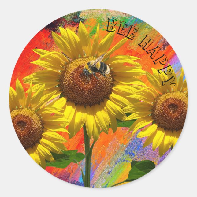 Farbenfrohe Biene Happy Sonnenblume Runder Aufkleber (Vorderseite)