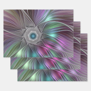 Farbenfrohe Big Blume Abstrakte Trippy Fraktal Art Geschenkpapier Set