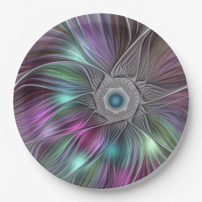 Farbenfrohe Big Blume Abstrakte Trippy Fraktal Art Pappteller (Vorderseite)