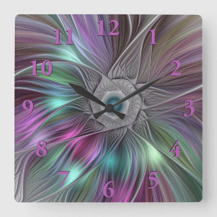 Farbenfrohe Big Blume Abstrakte Trippy Fraktal Art Quadratische Wanduhr