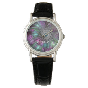 Farbenfrohe Big Blume Abstrakter Trippy Fraktal Na Armbanduhr