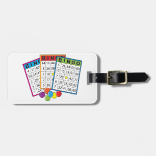 Farbenfrohe Bingo-Spielkarten mit Chips Gepäckanhänger