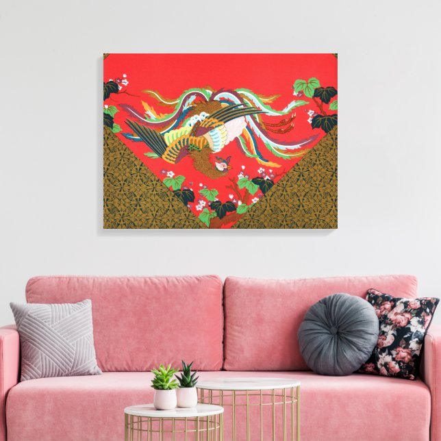 Farbenfrohe Bird Blume Tapestyle Design Japanisch  Leinwanddruck (Insitu (Wohnzimmer))