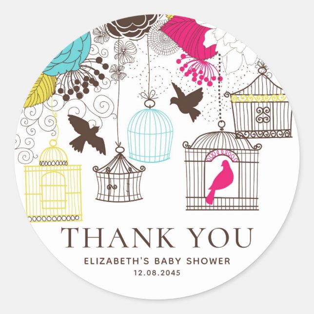 Farbenfrohe Birdcages Babydusche Danke Stickers (Vorderseite)