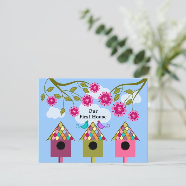 Farbenfrohe Birthäuser und Vogelhaus-Party Einladung (Stehend Vorderseite)