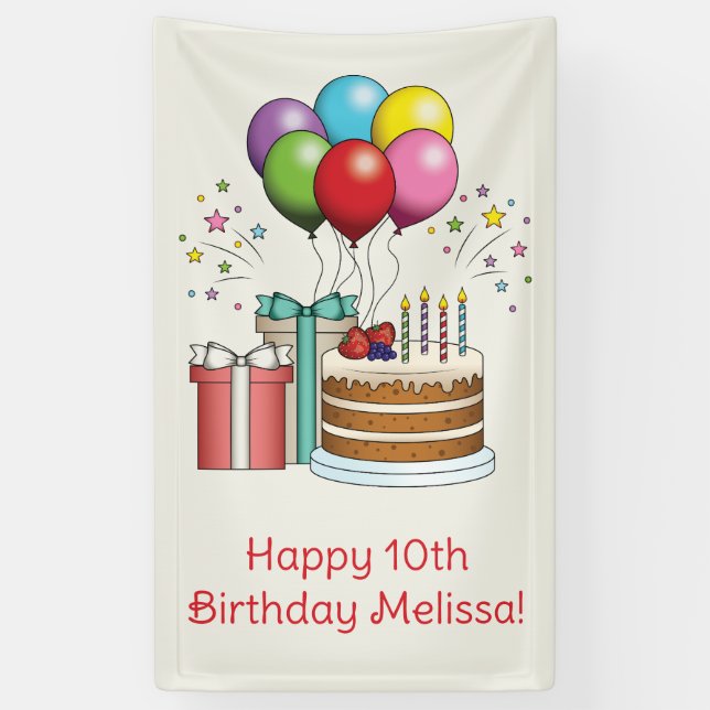 Farbenfrohe Birthday Balloons mit Kuchen und Gesch Banner (Vertikal)