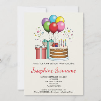 Farbenfrohe Birthday Balloons mit Kuchen und Gesch Einladung