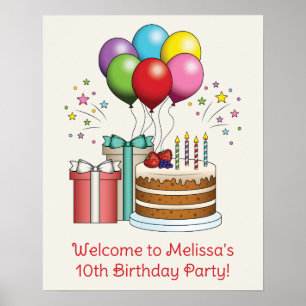 Farbenfrohe Birthday Balloons mit Kuchen und Gesch Poster