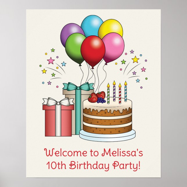 Farbenfrohe Birthday Balloons mit Kuchen und Gesch Poster (Vorne)