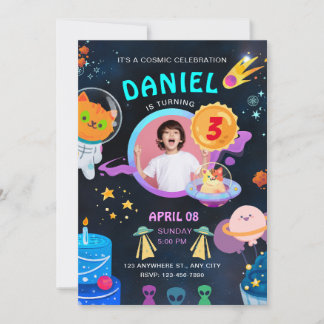 Farbenfrohe Black Space ThemenGeburtstagsparty Einladung