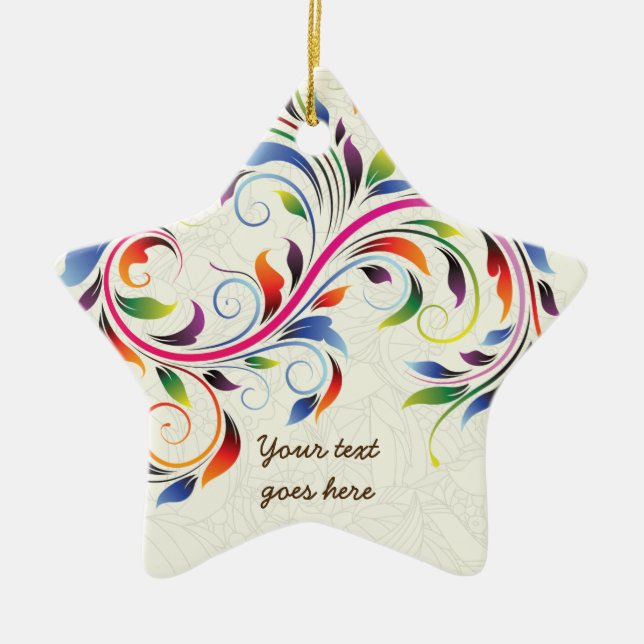 Farbenfrohe Blätter, ecru florale Retro-Ornament Keramik Ornament (Vorne)