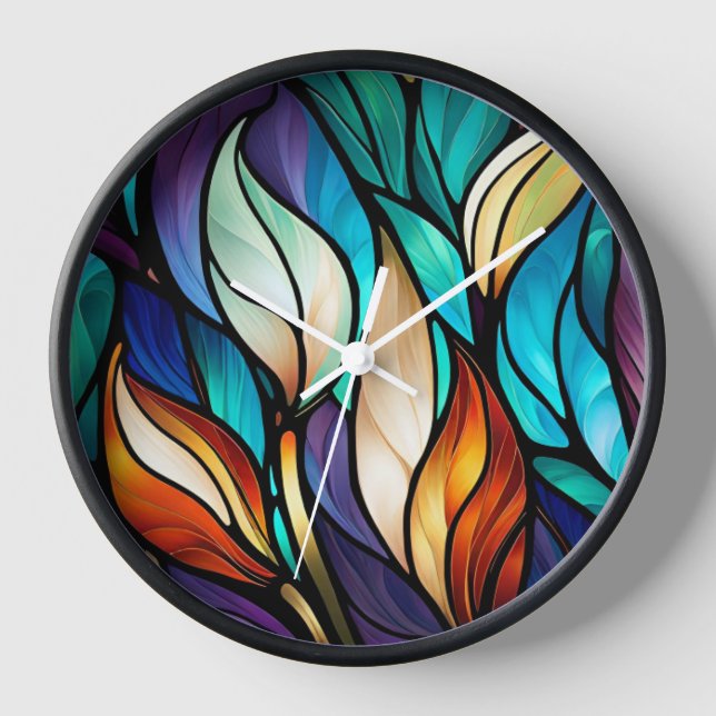 Farbenfrohe Blätter im gestanzten Glass-Look Uhr (Vorderseite)