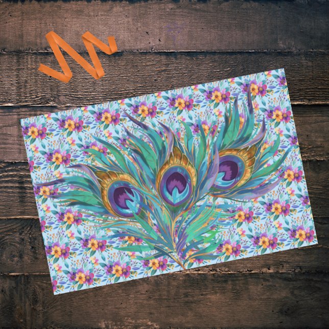 Farbenfrohe Blaue Lila Pfauenfedern und Blume Seidenpapier (Von Creator hochgeladen)