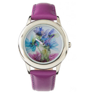Farbenfrohe blaue Lila rosa grüne Blumenkunst Armbanduhr