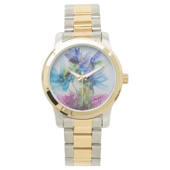 Farbenfrohe blaue Lila rosa grüne Blumenkunst Armbanduhr (Vorderseite)
