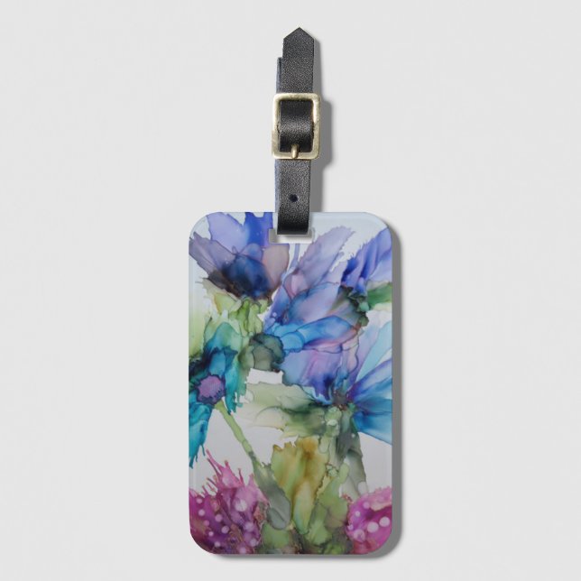 Farbenfrohe blaue Lila rosa grüne Blumenkunst Gepäckanhänger (Vorderseite Vertikal)