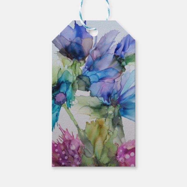Farbenfrohe blaue Lila rosa grüne Blumenkunst Geschenkanhänger (Vorderseite)