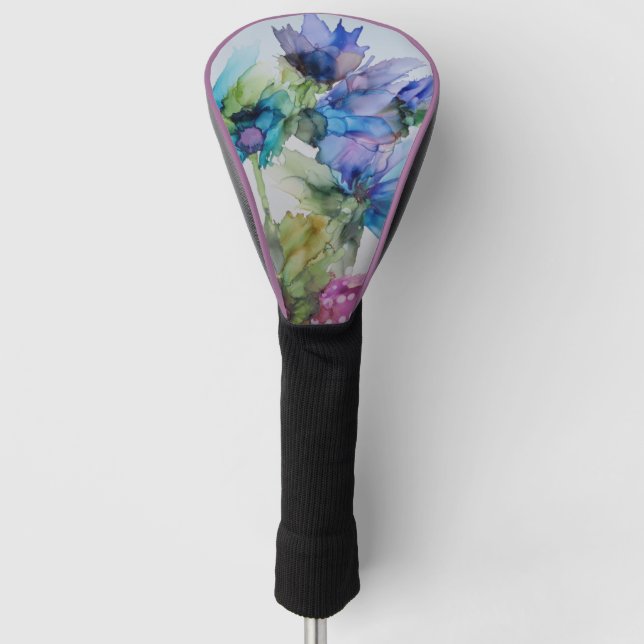 Farbenfrohe blaue Lila rosa grüne Blumenkunst Golf Headcover (Vorderseite)