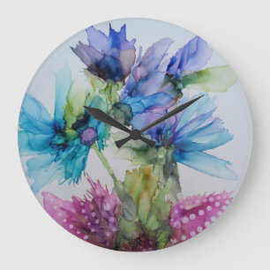 Farbenfrohe blaue Lila rosa grüne Blumenkunst Große Wanduhr