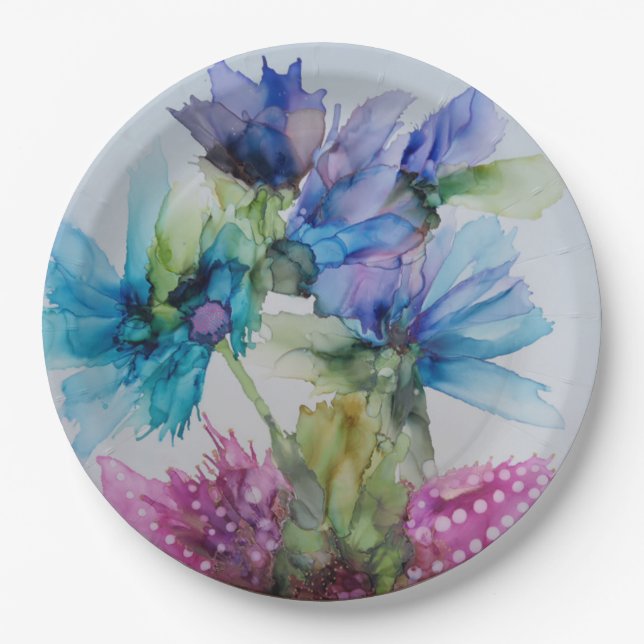 Farbenfrohe blaue Lila rosa grüne Blumenkunst Pappteller (Vorderseite)