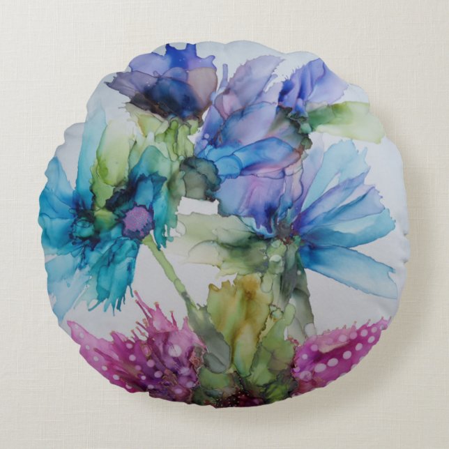 Farbenfrohe blaue Lila rosa grüne Blumenkunst Rundes Kissen (Vorderseite)