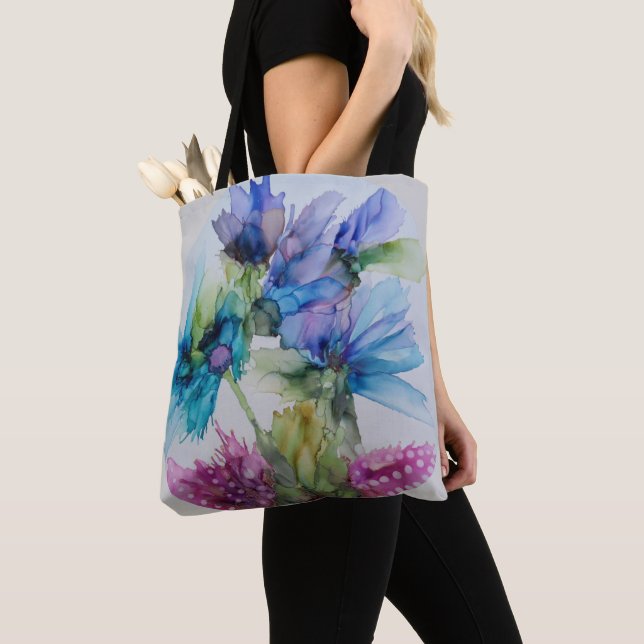 Farbenfrohe blaue Lila rosa grüne Blumenkunst Tasche (Von Nahem)