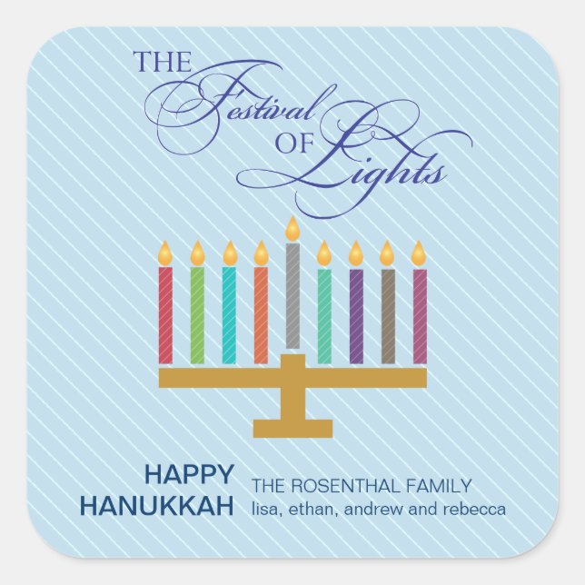 Farbenfrohe Blaue Menorah Hanukkah Quadratischer Aufkleber (Vorderseite)